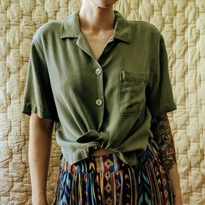 vtg sage green silk button up blouse